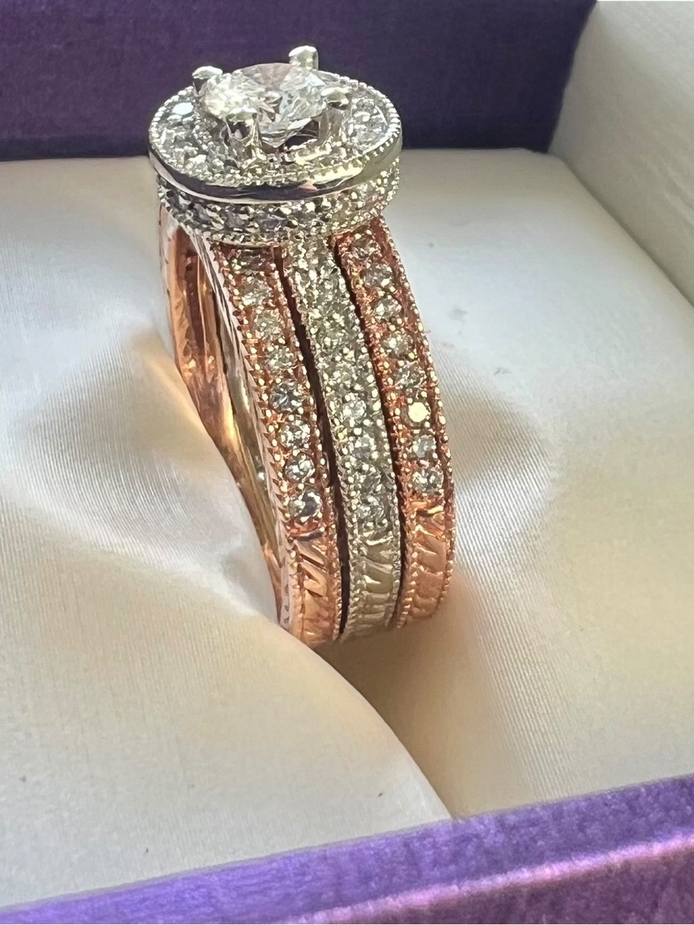 Effy 14K Rose & White Gold 1.63 CTW Diamond Halo Bridal Ring Set Size 8 Luxury